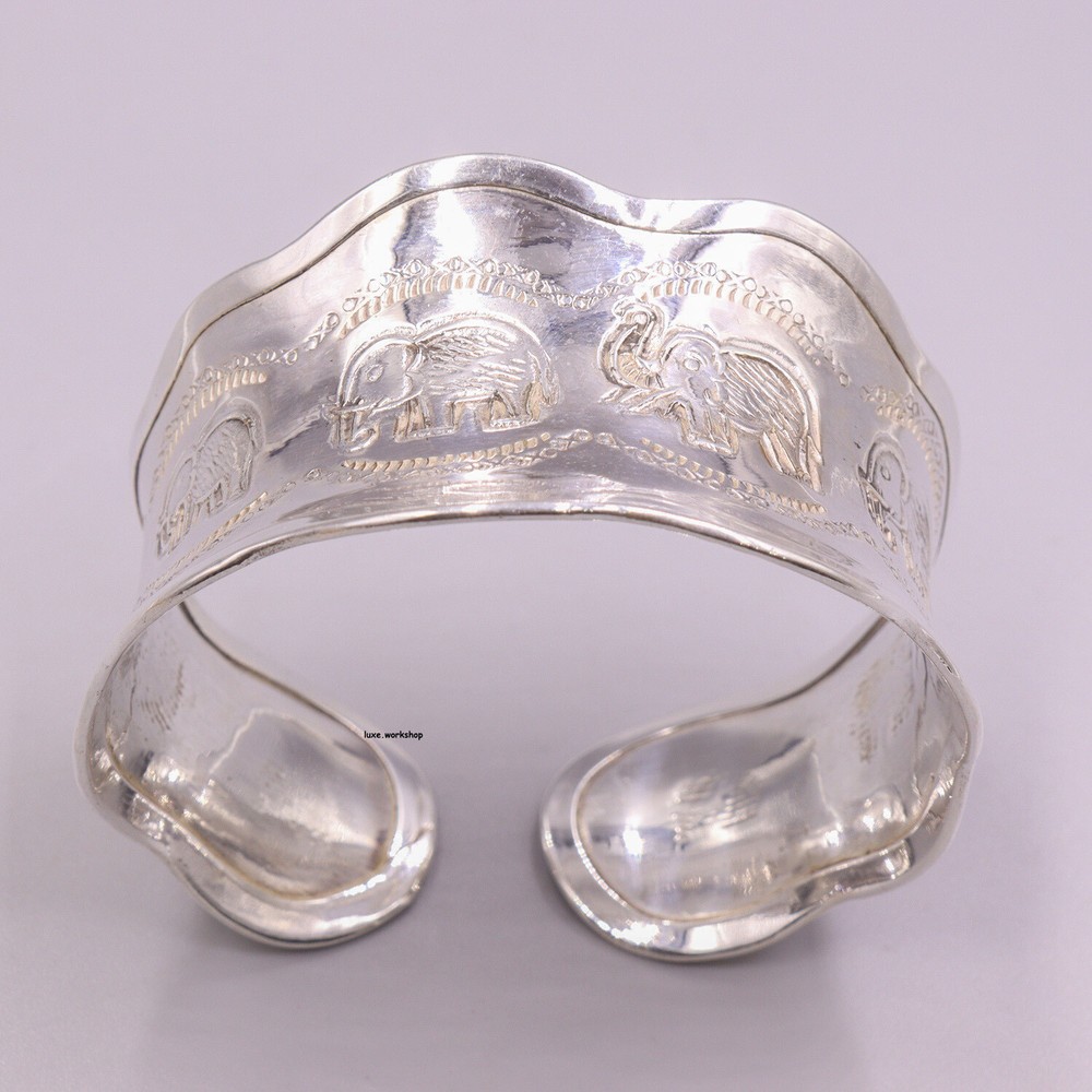 999 Fine Silver Elephant Cuff Bangle with Glossy Finish