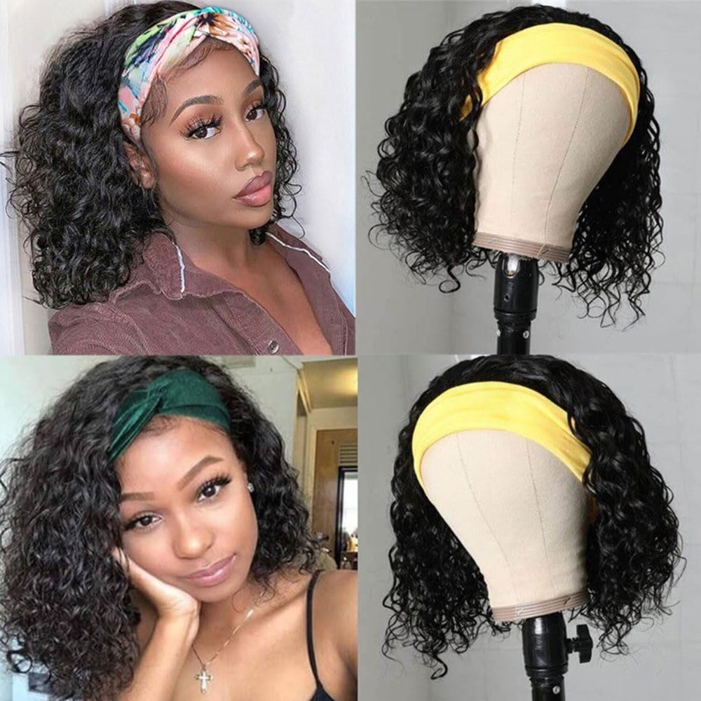 Headband Wigs Water Wave Short Bob Human Hair Curly Wear and Go Style