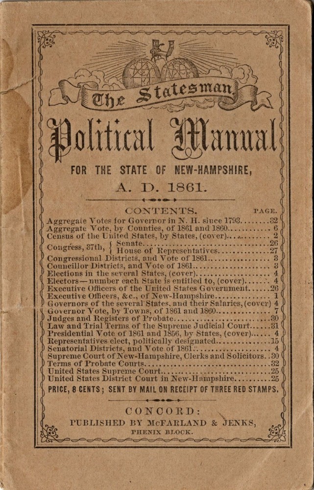 1862 President Lincoln US Statistics NH Political Manual Local Election Results