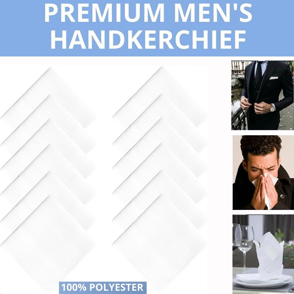 12 Pack Men Handkerchiefs White Polyester Hankies Hanky13