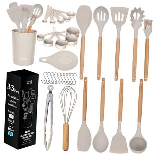 Home Hero Kitchen Cooking Utensils Set, Non-Stick Silicone Cooking 33 Pcs Khaki