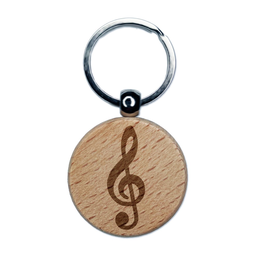 Treble Clef Music Engraved Wood Round Keychain Tag Charm