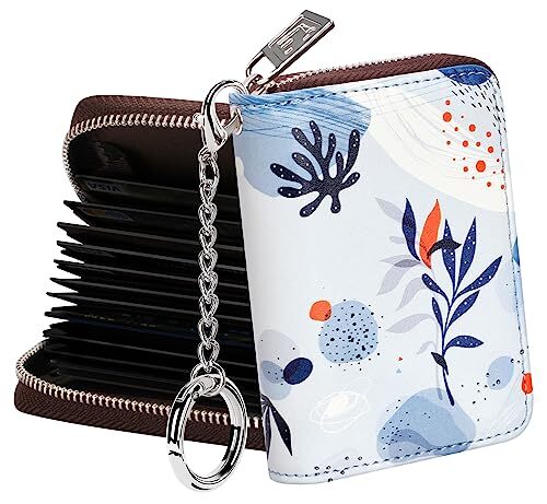 RFID-Blocking Zipper Card Holder for Men & Women - Blue Leaves Design  -image