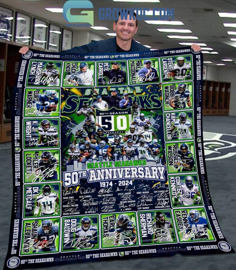 Seattle Seahawks 50th Anniversary 1974 2024 Sherpa Blanket Quilt
