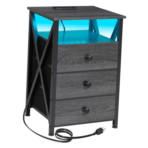 Smart LED Nightstand with Charging Station in Dark Grey