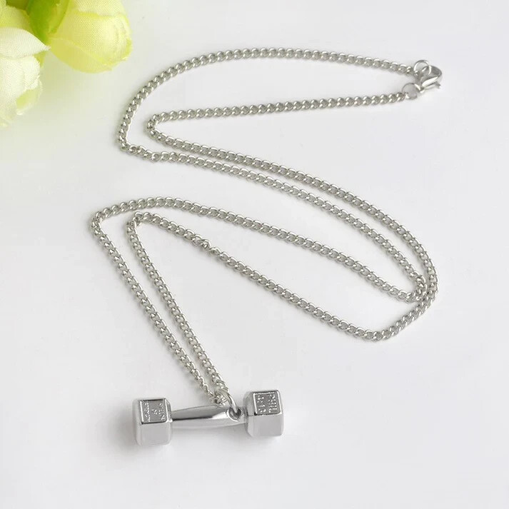 Barbell Bodybuilding Dumbbell Gym Pendant Necklace Philippians 4:13 Silver