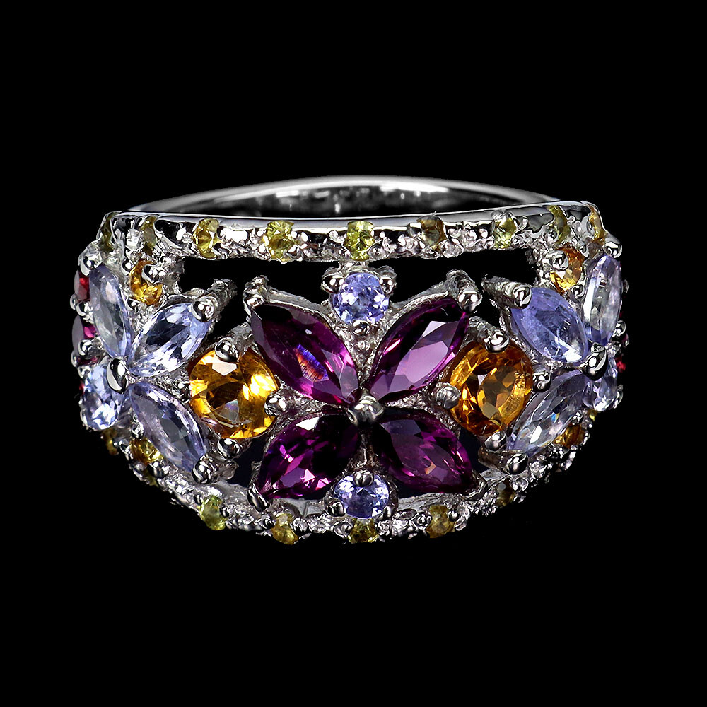 925 Sterling Silver Marquise Rhodolite Citrine Natural Gemstone Ring Sizable