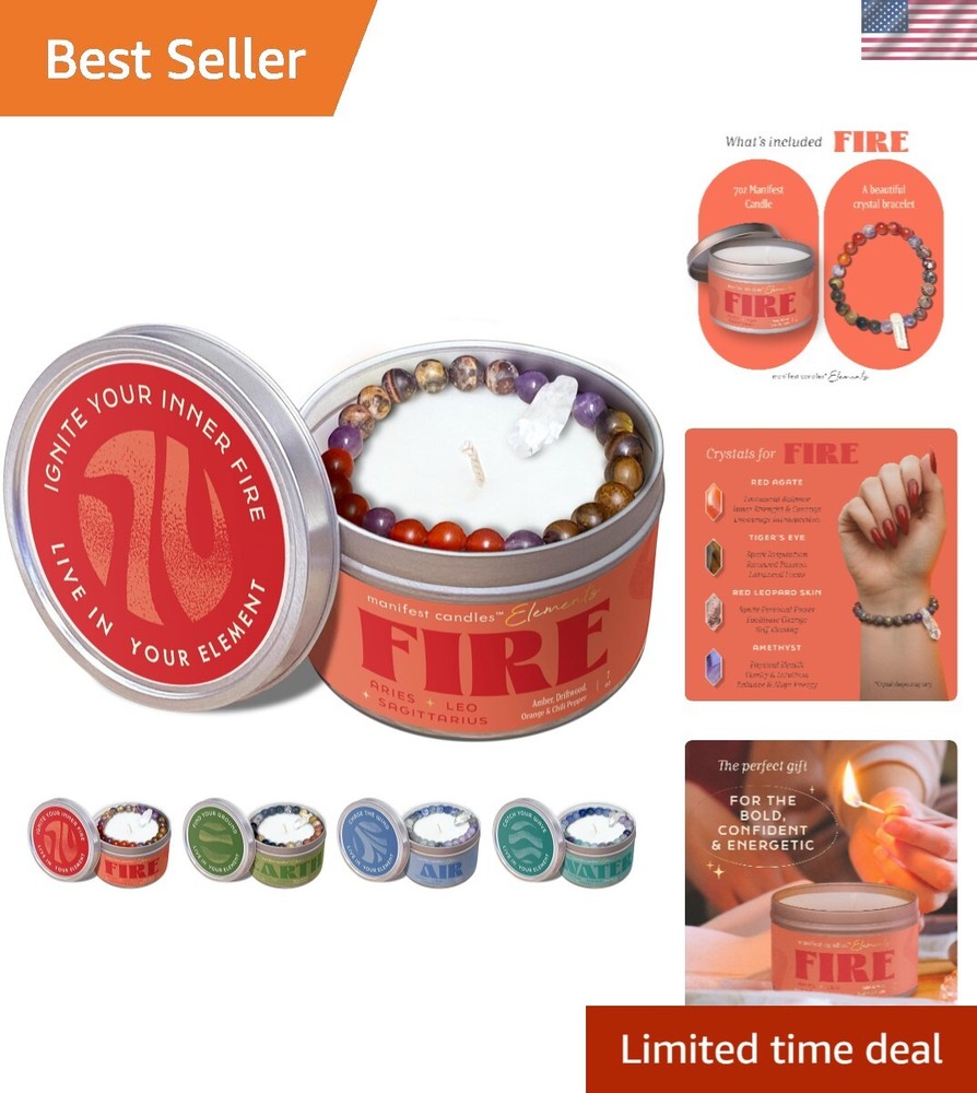 Zodiac Fire Sign Candle Gift Set with Crystal Bracelet for Aries Leo Sagittarius Women