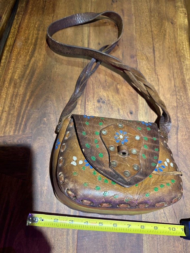 Vintage 1970's Leather Saddle Handbag Purse -  Flowers - Boho Hippie