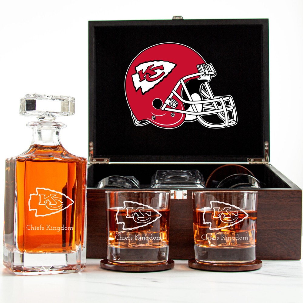 Kansas City Chiefs Whiskey Decanter Set with 2 Glasses in Wooden Gift Box
