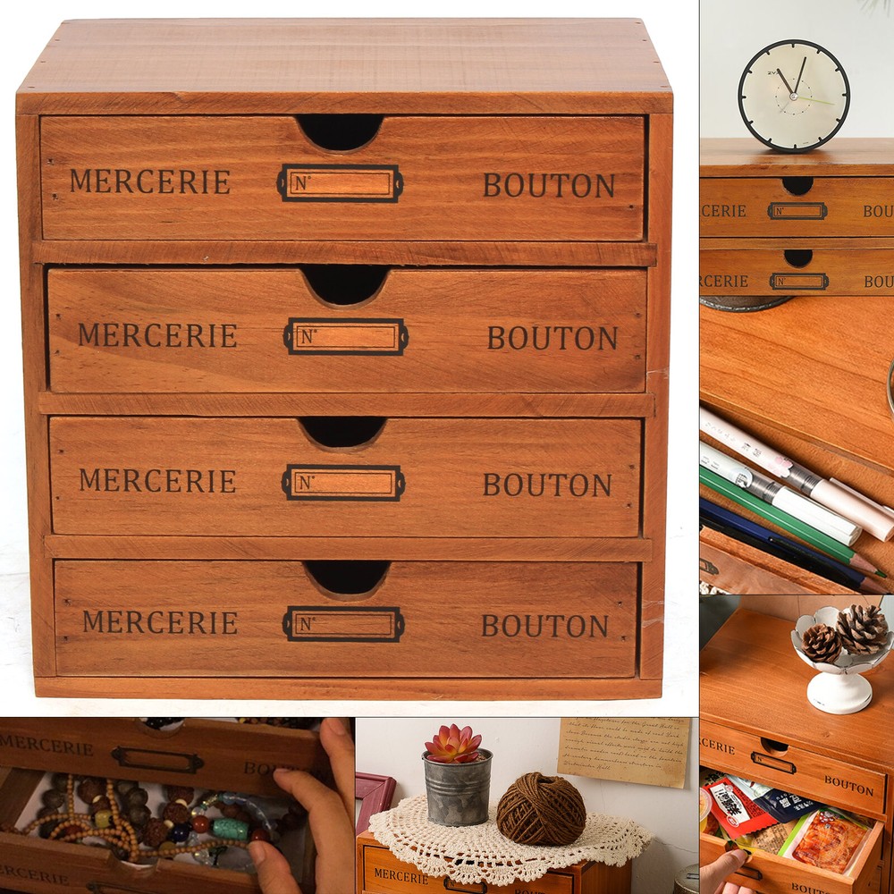 Desktop Jewelry Organizer Vintage Wooden Storage Box with 4 Layers Drawers Case