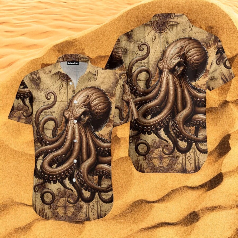 Octopus Map Vintage Hawaiian Shirt Short Sleeve Summer Beach Size S - 5XL