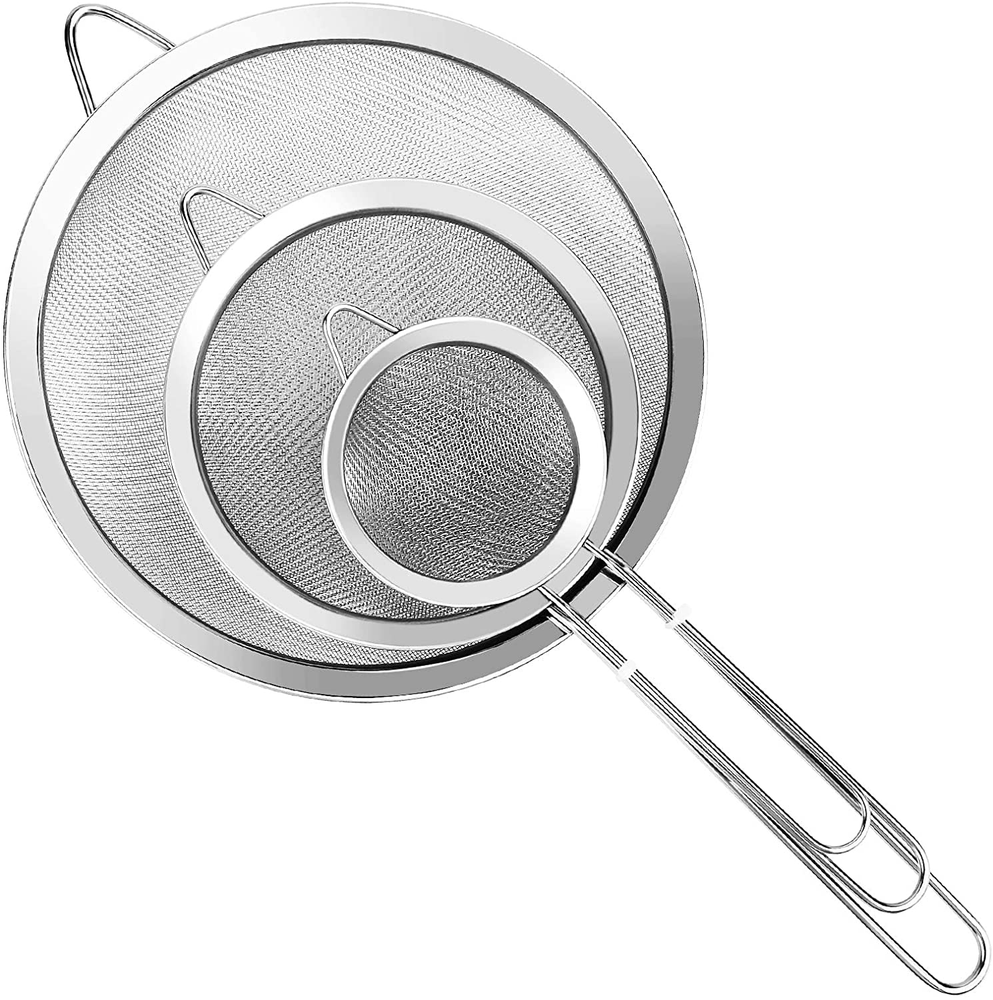 3-Piece Extra Fine Mesh Strainer Set with Handle in Small, Medium, Large Sizes