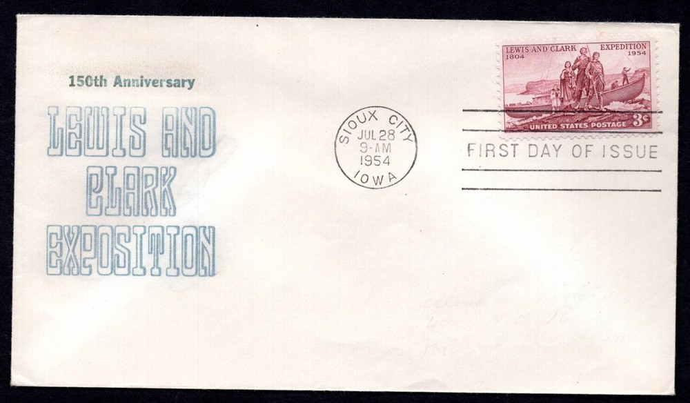 US 1954 LEWIS & CLARK EXPEDITION FDC 150TH ANNIVERSARY SIOUX CITY IOWA CANCEL