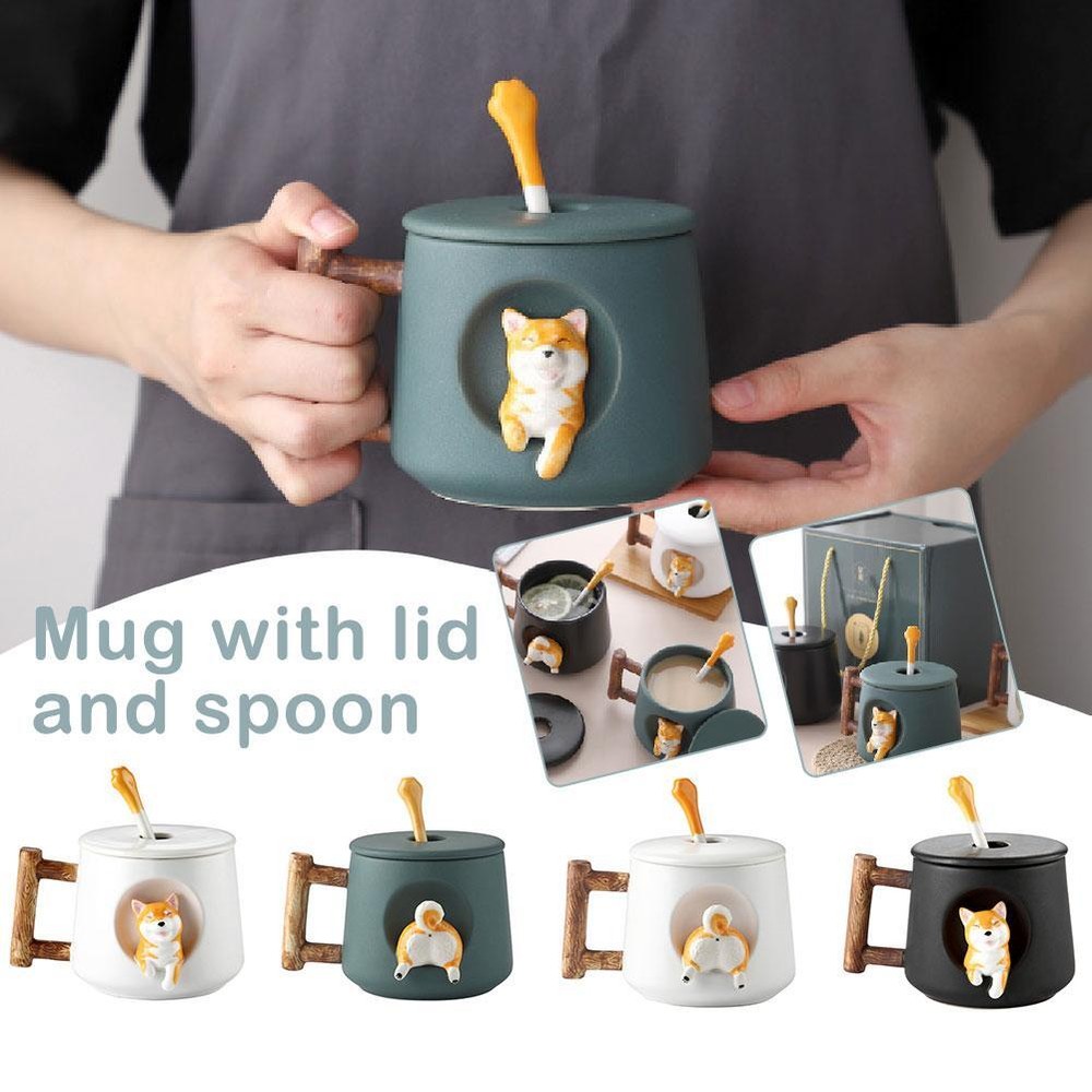 3D Ceramic Cartoon Shiba Dog Coffee Mug Tea Cup with Lid Spoon GXX