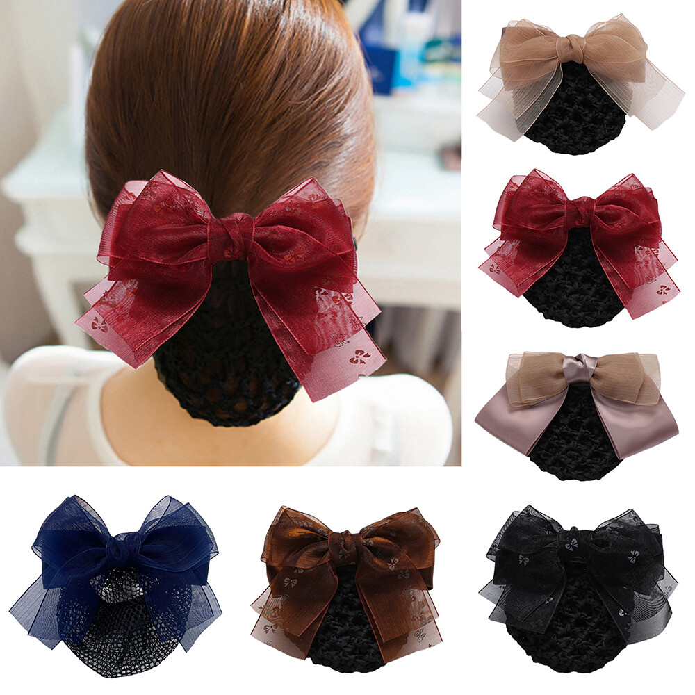 Lady Double Layer Bowknot Gauze Ponytail Clip Bun Snood Hairgrips Cover Net