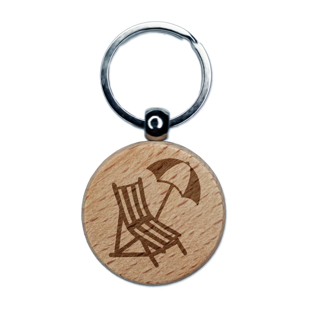 Beach Lounge Chair and Umbrella Engraved Wood Round Keychain Tag Charm