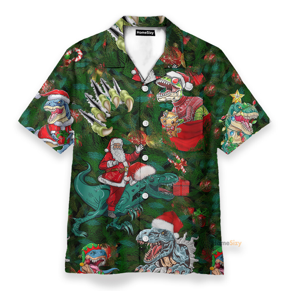 Dinosaur And Santa Enjoy Christmas   Hawaiian Shirt