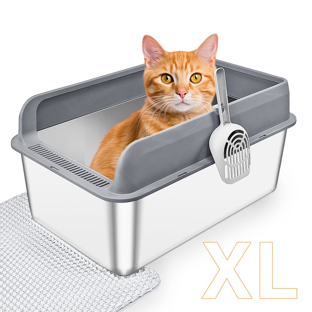 XL Stainless Steel 48L Cat Litter Box with Lid Removable Semi-Enclosed High Side