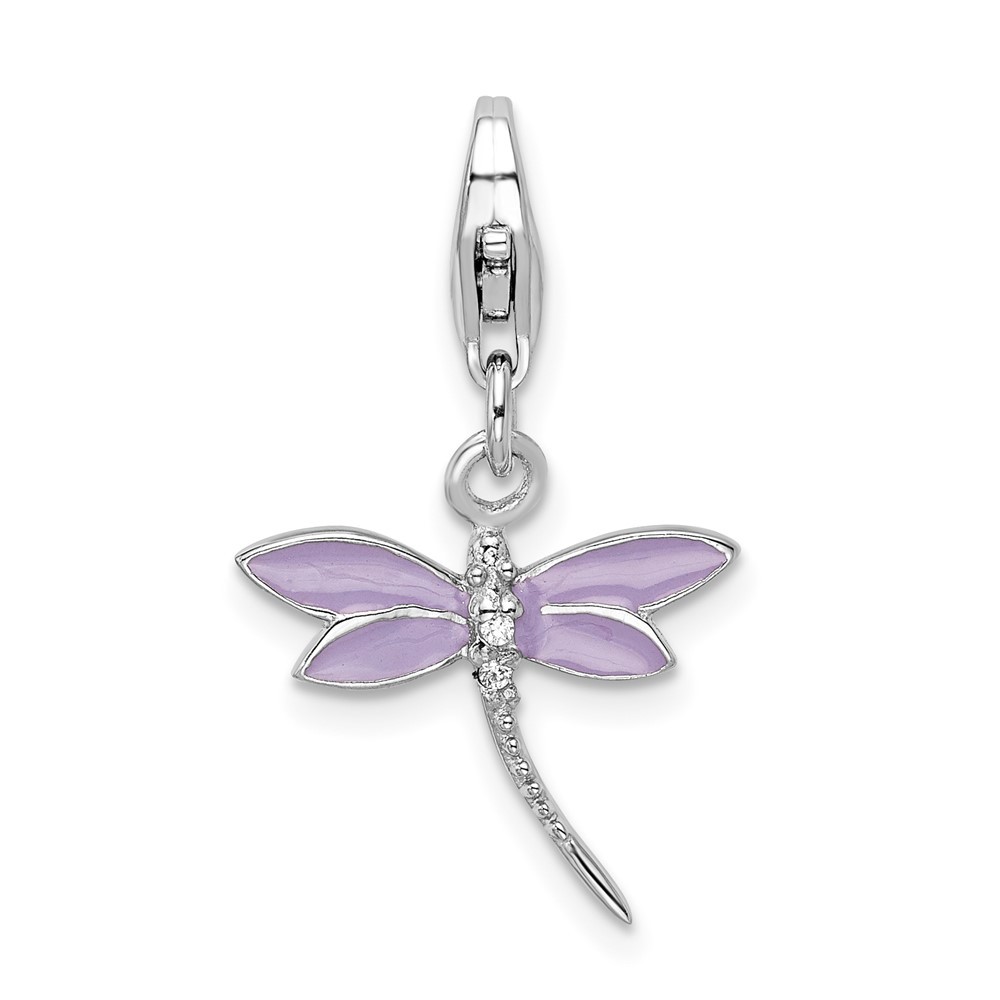 Sterling Silver Polished Lilac Enameled Cubic Zirconia Dragonfly Charm Pendant