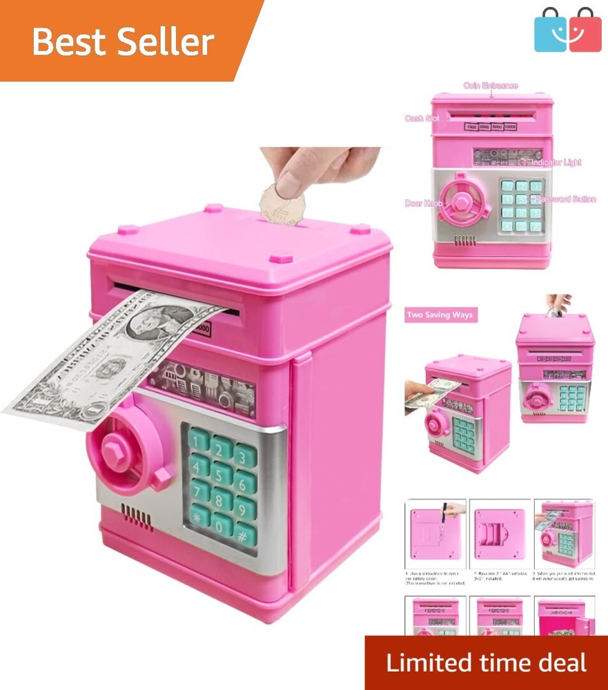 Deep Pink Coin Bank for Kids – Interactive Mini ATM with Password Protection-image