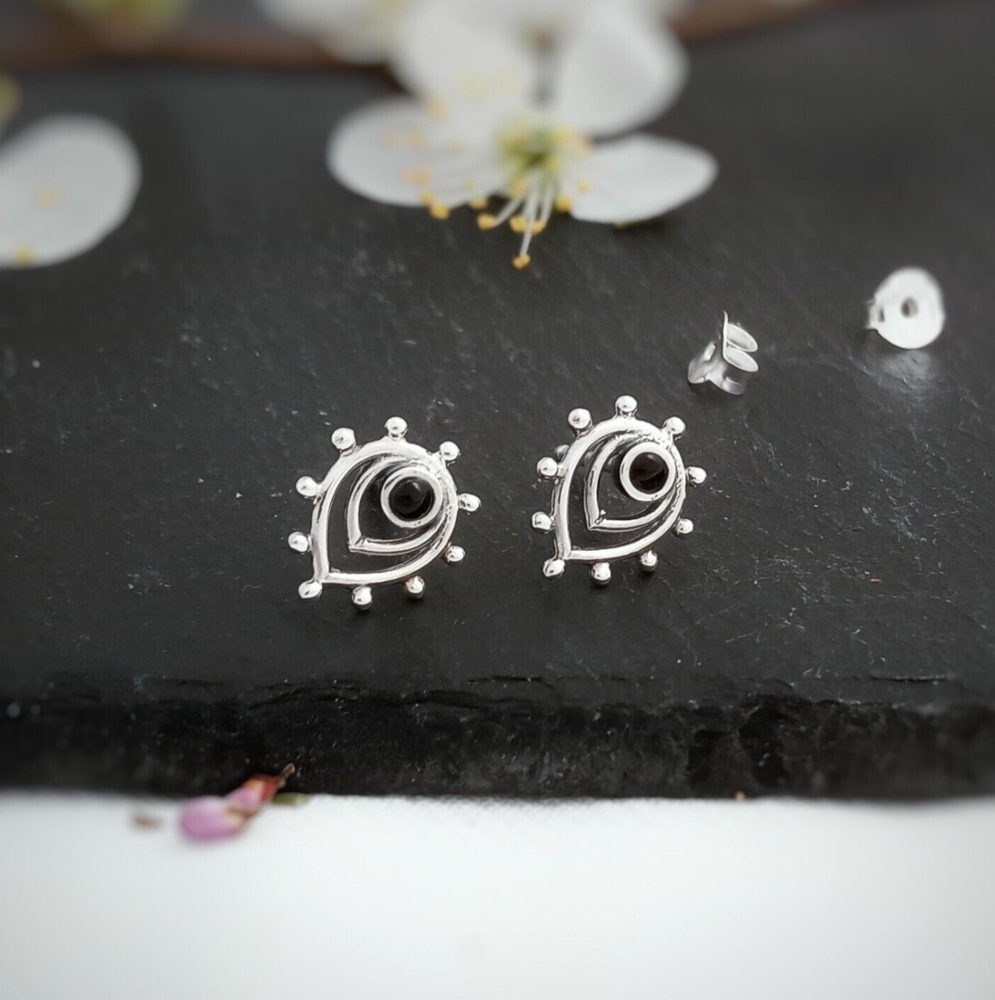 Dainty teardrop studs with Black Onyx in sterling silver, Small Boho stack studs