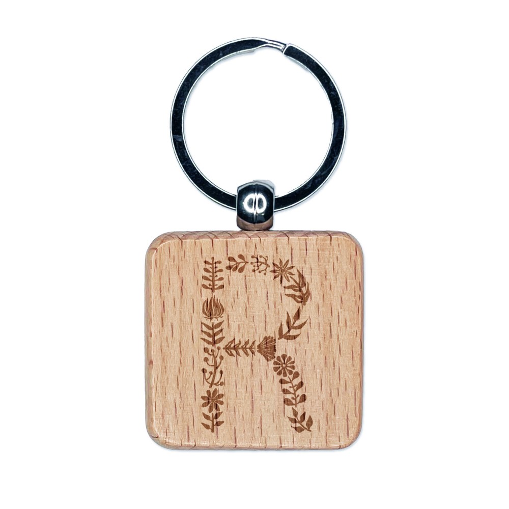 Elegant Floral Letter R Engraved Wooden Square Keychain Charm