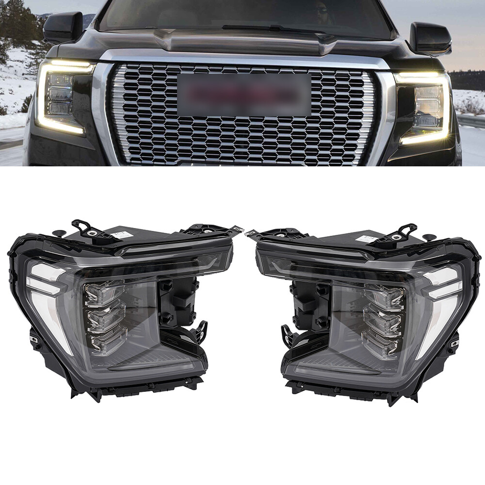 Fit 2021-2023 GMC Yukon Black LED Headlight Headlamp Left +Right Side Assemblies