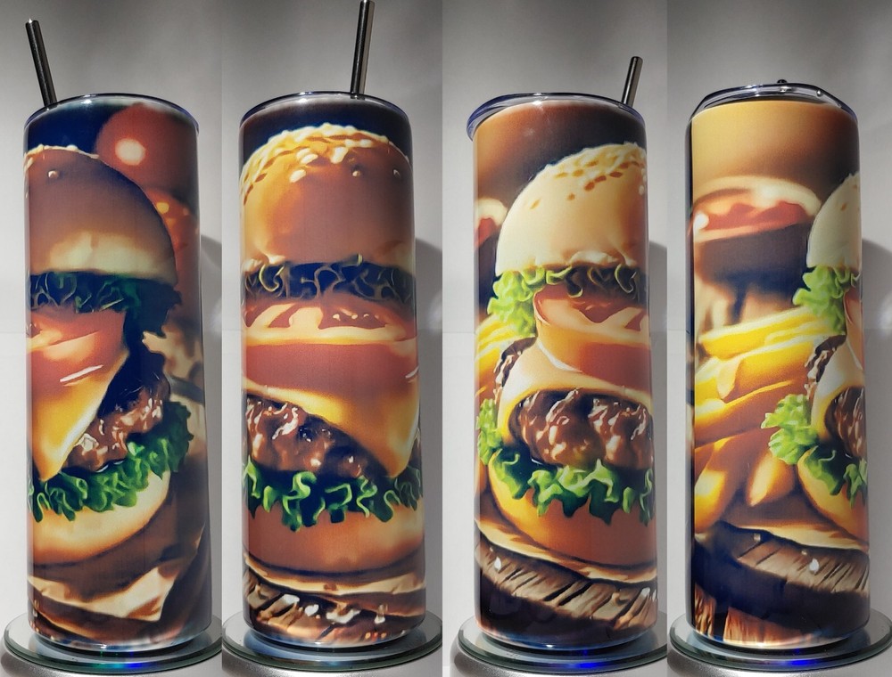 Burger and fries, tumbler  Stainless-Steel 20oz with SS straw and cleaner