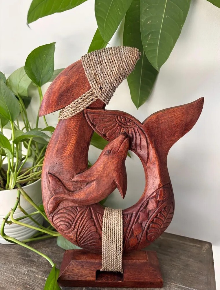 Hawaii Home Decor Hand Made Solid Wood Carved  Fish Hook w/Base Island Dolphin