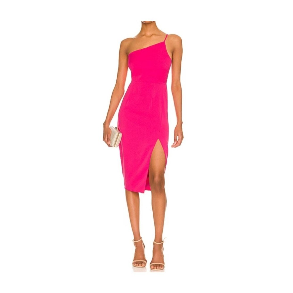 Lovers And Friends Hot Pink One Shoulder Midi Dress in Minimalist Fitted Style