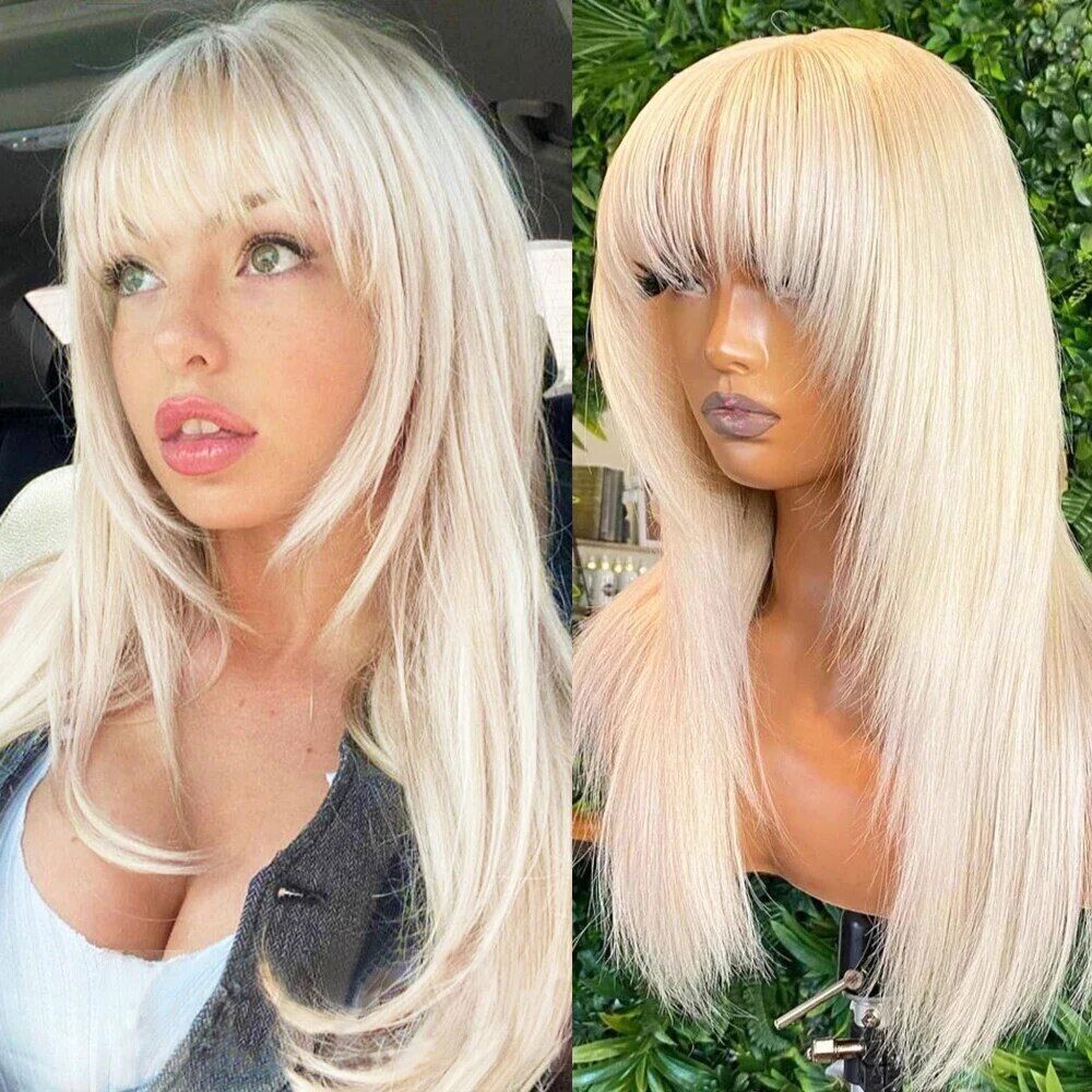 Synthetic Lace Front Wig with Bangs Blonde Hair Heat Resistant Fiber Blue Wigs