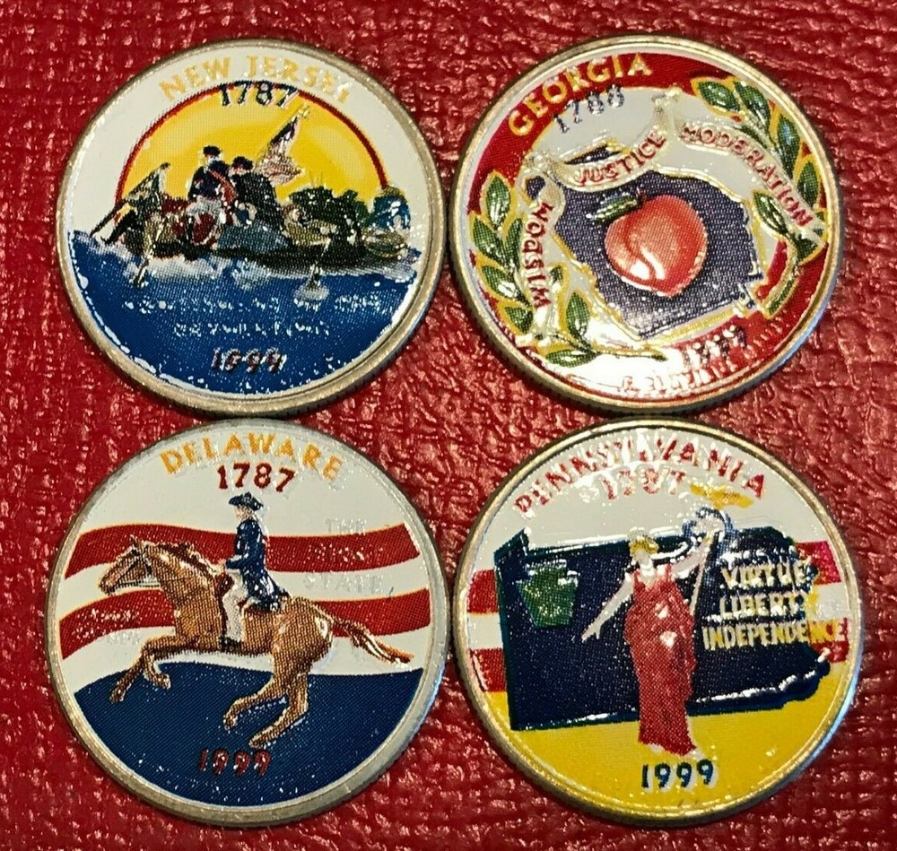 COLORIZED PARTIAL SET 4 1999 STATE QUARTERS-NEW JERSEY,GEORGIA,DELAWARE,PENN