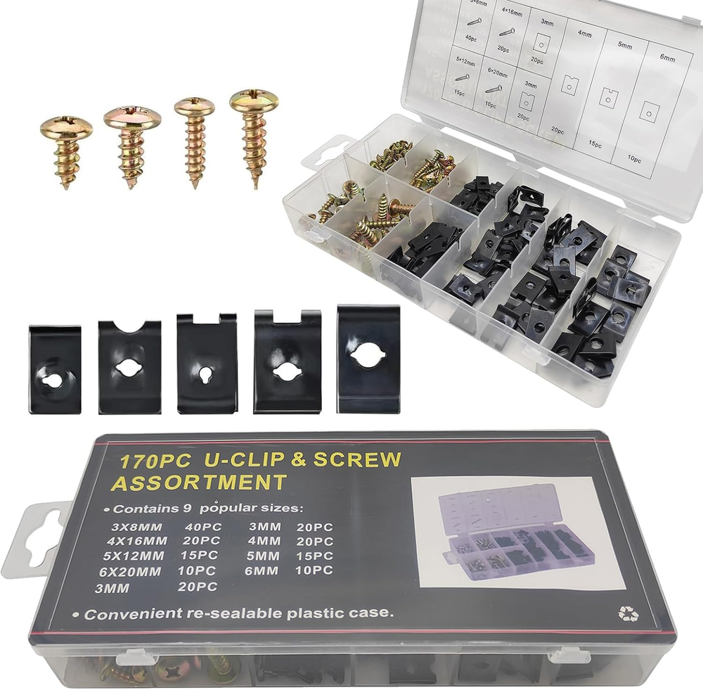 170-Piece Car Screw Assortment Kit with 9 Sizes of U-Nuts & Screws