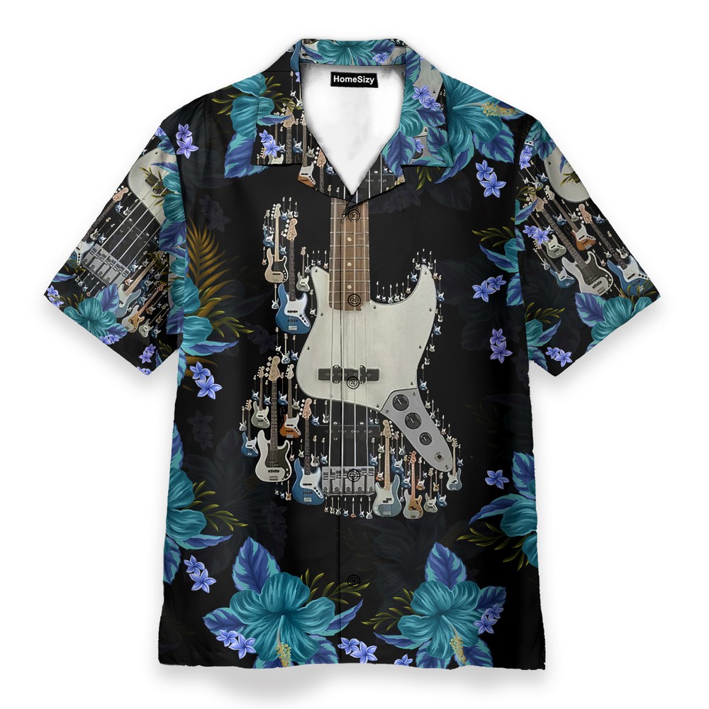 Electric Guitar Floral Tropical Pattern   Hawaiian Shirt
