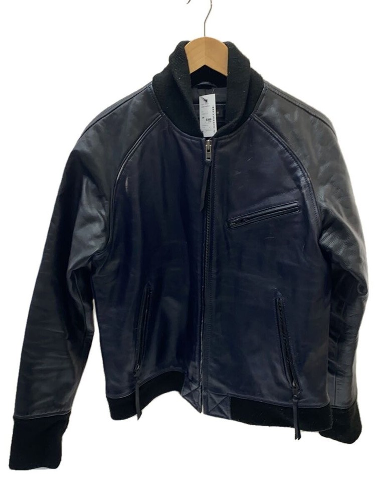 Liugoo Genuine Cowhide Leather Jacket Blouson Navy Plain Scratch Resistant