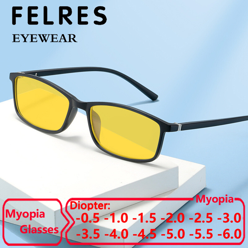 Men Women Yellow Lens Myopia Nearsighted Glasses Square Night Vision Sunglasses