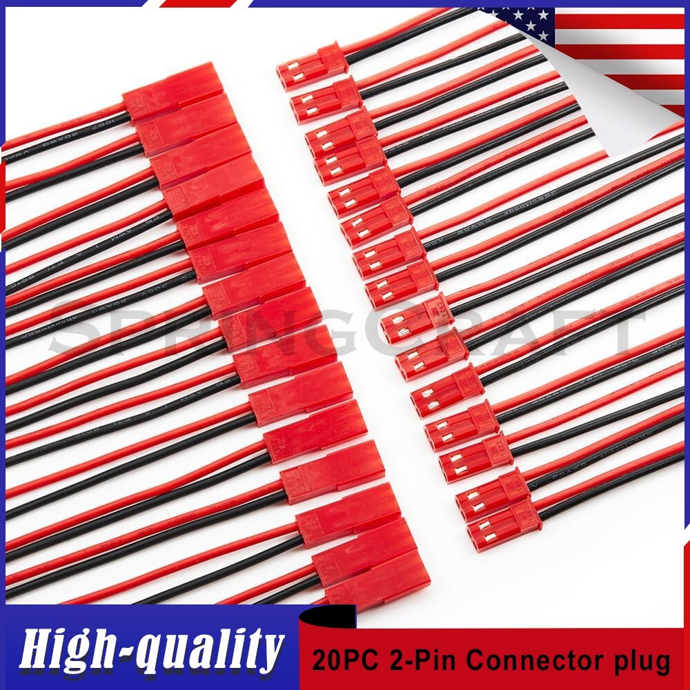 20 Sets 2-pin JST Connector Male Female Plug 22AWG Silicone Wire RC Lipo Battery