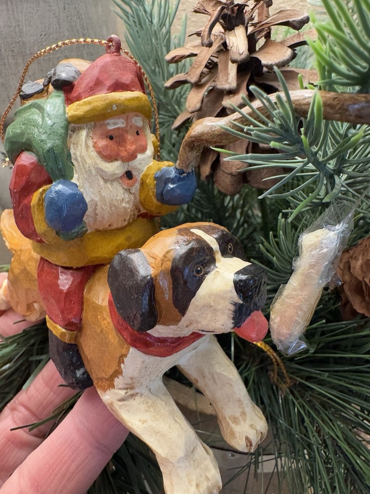 Santa Riding St. Bernard Dog w PUPPIES Christmas Ornament House Of Hatten NEW