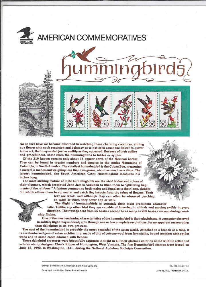 US COMMEMORATIVE PANEL #389 HUMMINGBIRDS MNH 29c STRIP
