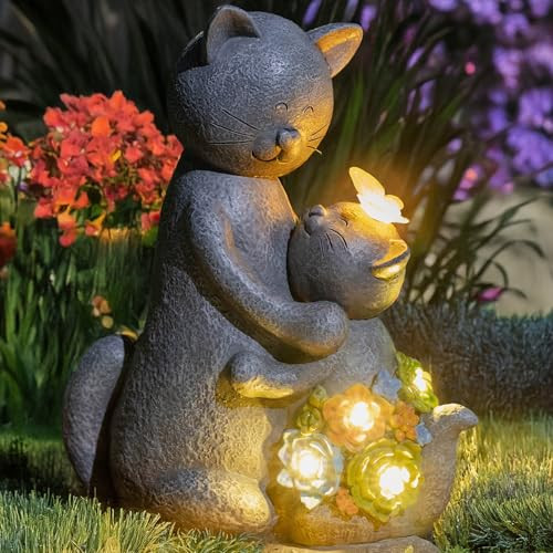 Solar Garden Statues Loving Cat Figurine Lights for Outside, Yard Decorations
