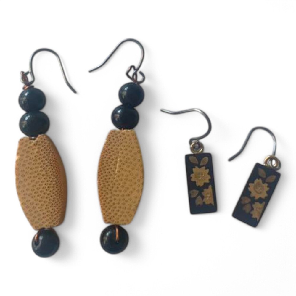 Kumamoto Higo Inlay Cherry Blossom Bamboo Earrings Set Titanium Hooks Used