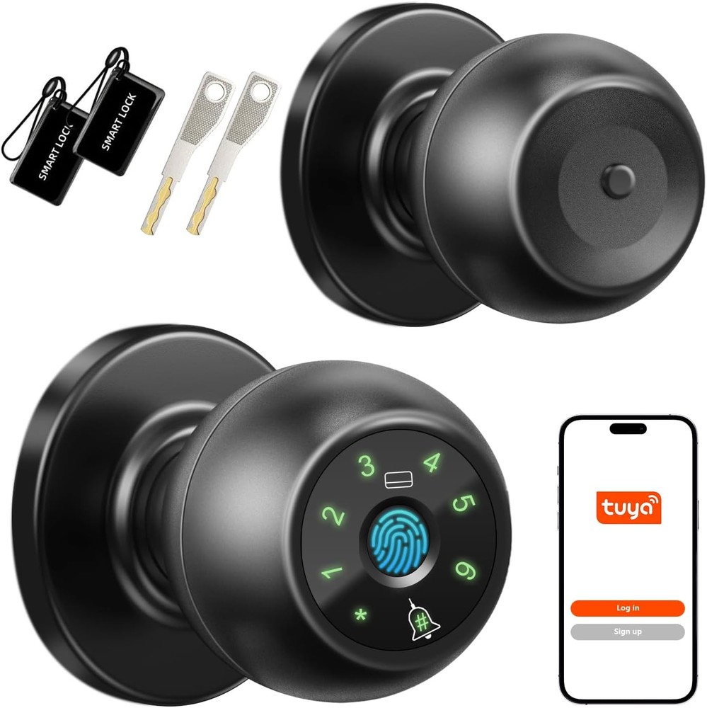Smart WiFi Fingerprint Door Knob Biometric Lock with 5 Unlock Methods in Black