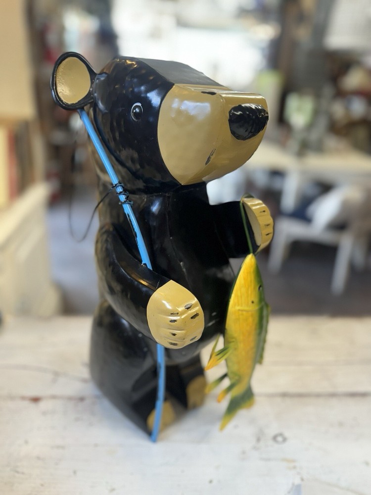 Fishing Bear Metal Garden Statue for Cabin Decor 20 Inch