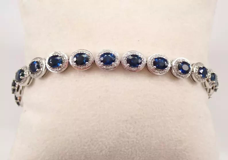 9Ct Oval Cut Lab Created Sapphire Halo Tennis Bracelet 14K White Gold Plated 7