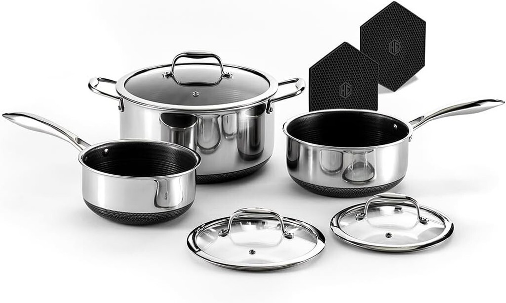 Stainless Steel Nonstick Pot Set with Glass Lids & Silicone Trivets - 8-Piece