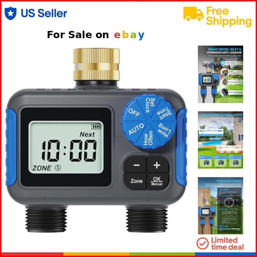 2-Zone Brass Sprinkler Timer with Rain Delay for Outdoor Watering