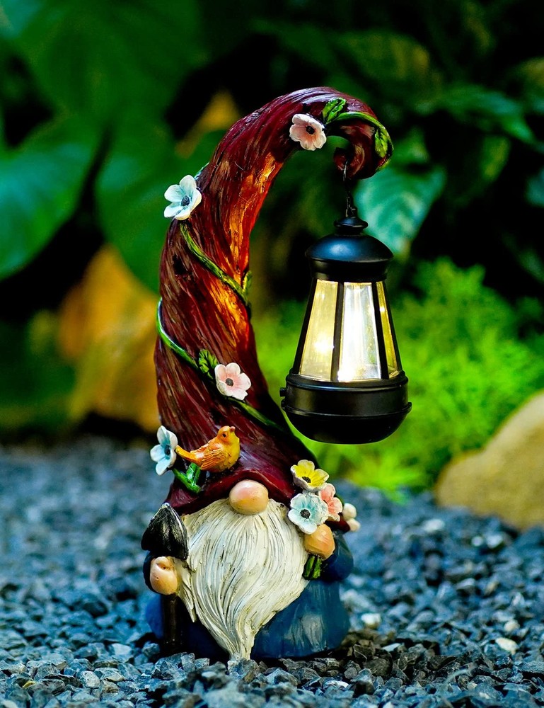 Solar-Powered Gnome Statue with Lantern for Garden or Yard Decor