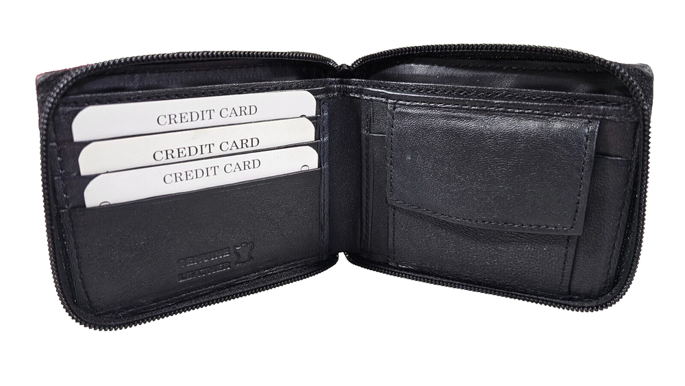Men's Black Genuine Leather Zip-Around Bifold Wallet with Coin Pocket