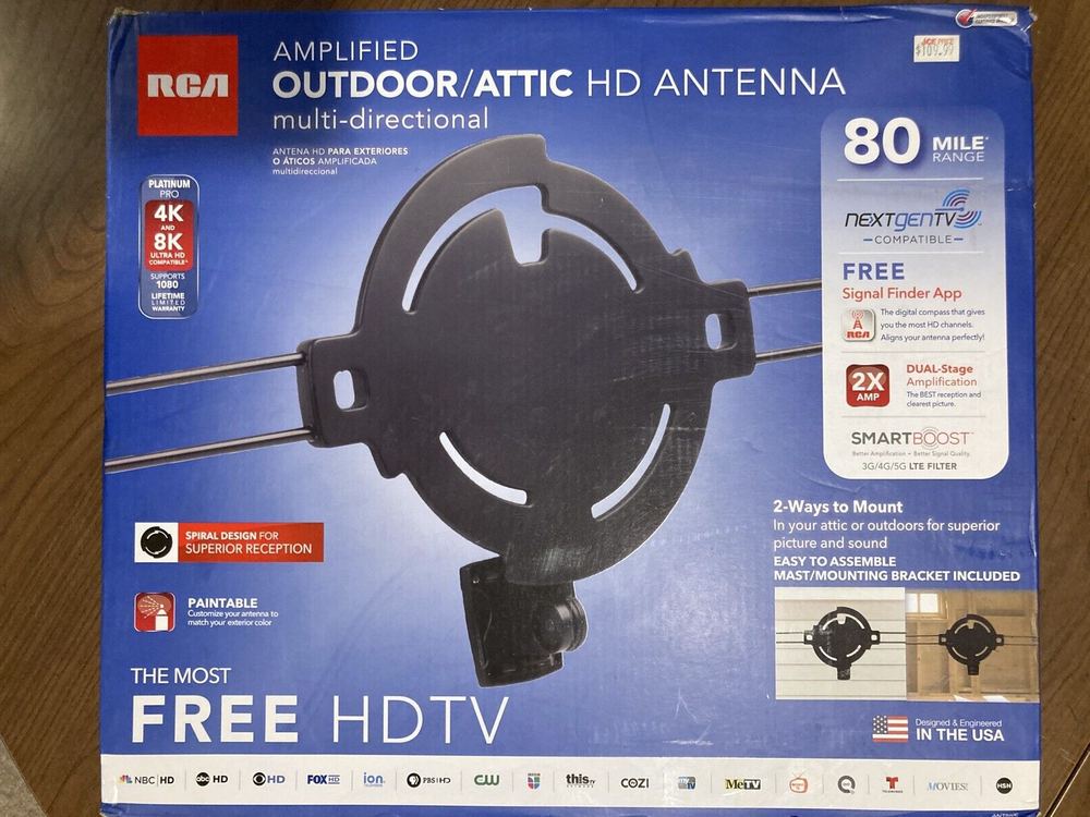 RCA Amplified Outdoor/Attic HD Antenna 8K Ultra HD 4K 80 With 80 Mile Range-HDTV